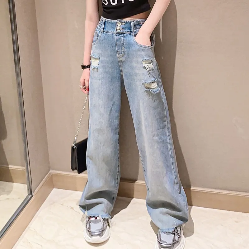 【120-170】オシャレ 無地 デニム ジーンズ ダメージ加工 春秋 子供服 キッズ ジュニア 女の子 ボトムス ワイドパンツ