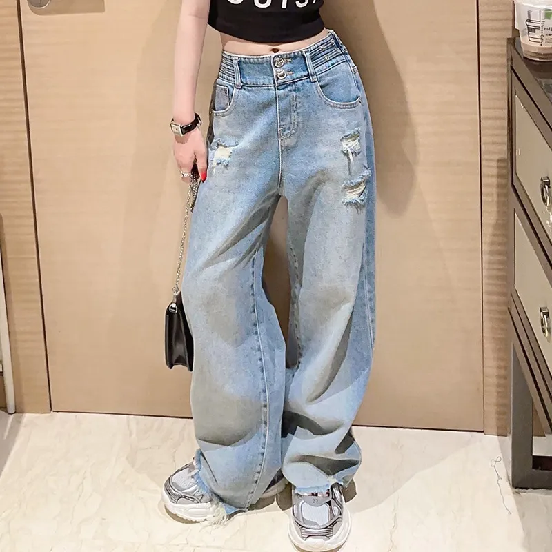 【120-170】オシャレ 無地 デニム ジーンズ ダメージ加工 春秋 子供服 キッズ ジュニア 女の子 ボトムス ワイドパンツ