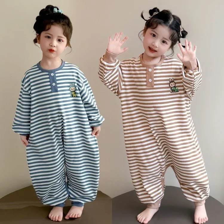 【90-130cm】肌触り良い ロンパース パジャマ  長袖    ストライプ ルームウェア