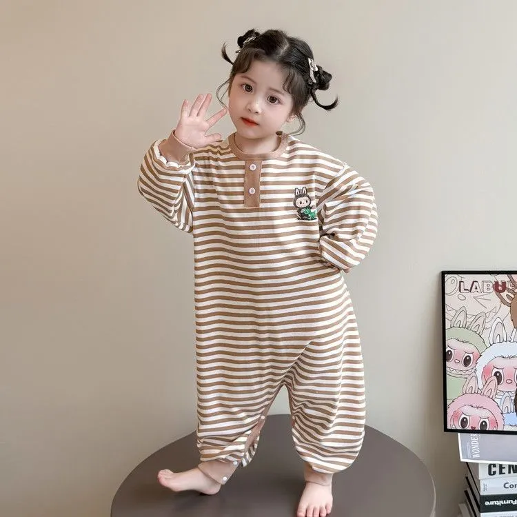 【90-130cm】肌触り良い ロンパース パジャマ  長袖    ストライプ ルームウェア