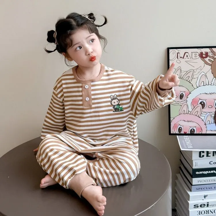 【90-130cm】肌触り良い ロンパース パジャマ  長袖    ストライプ ルームウェア