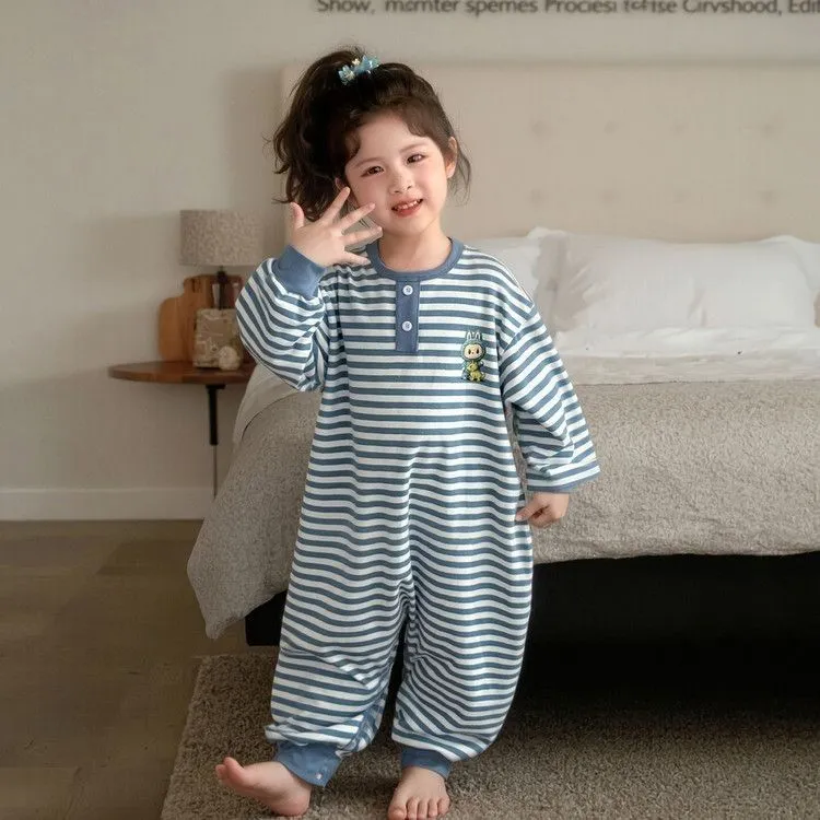 【90-130cm】肌触り良い ロンパース パジャマ  長袖    ストライプ ルームウェア