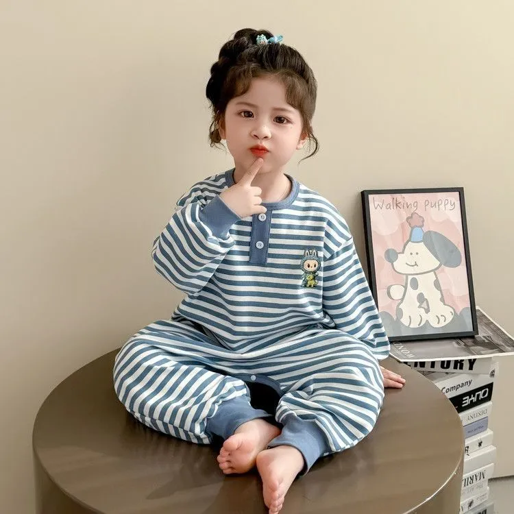 【90-130cm】肌触り良い ロンパース パジャマ  長袖    ストライプ ルームウェア