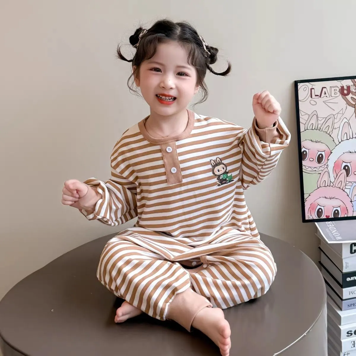 【90-130cm】肌触り良い ロンパース パジャマ  長袖    ストライプ ルームウェア