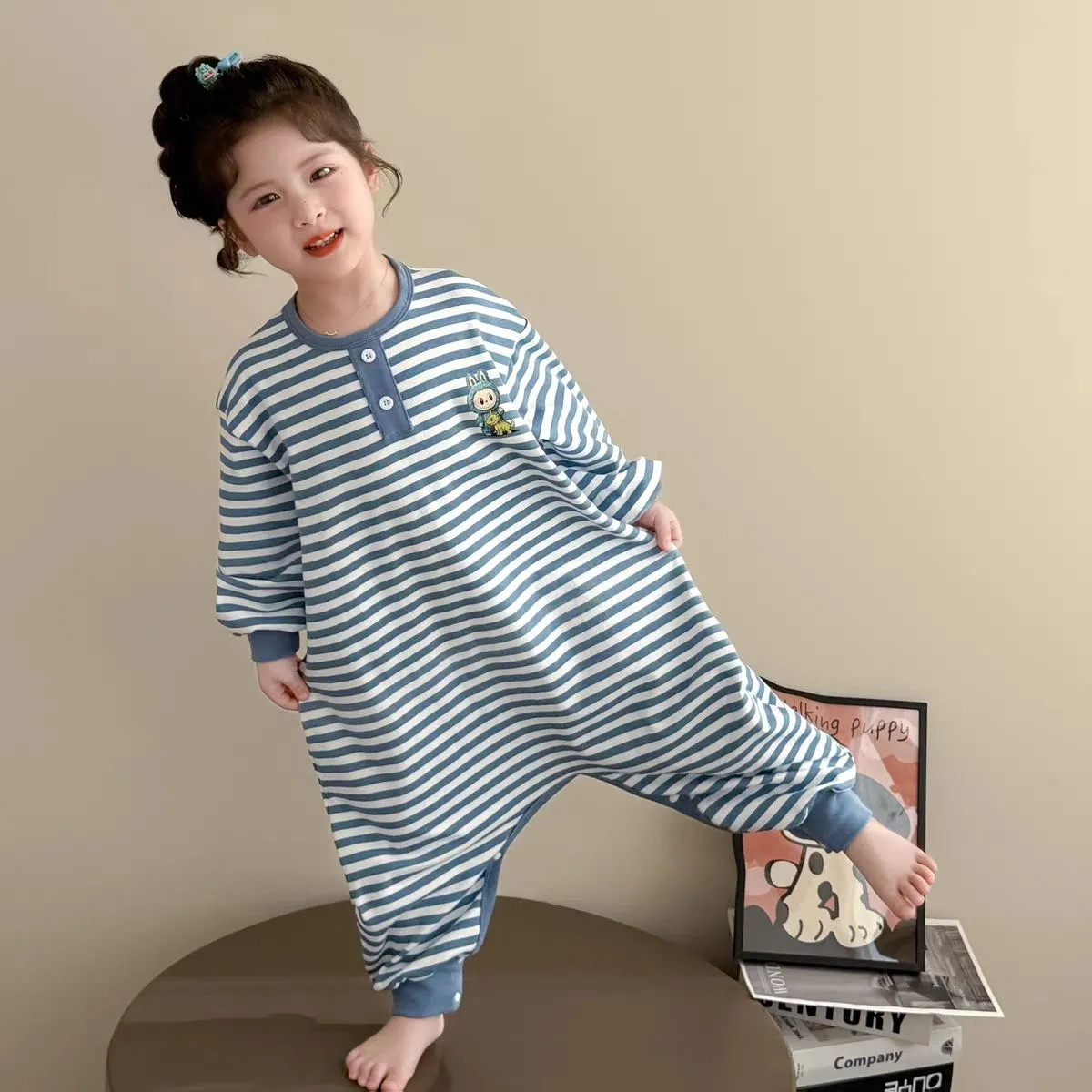 【90-130cm】肌触り良い ロンパース パジャマ  長袖    ストライプ ルームウェア
