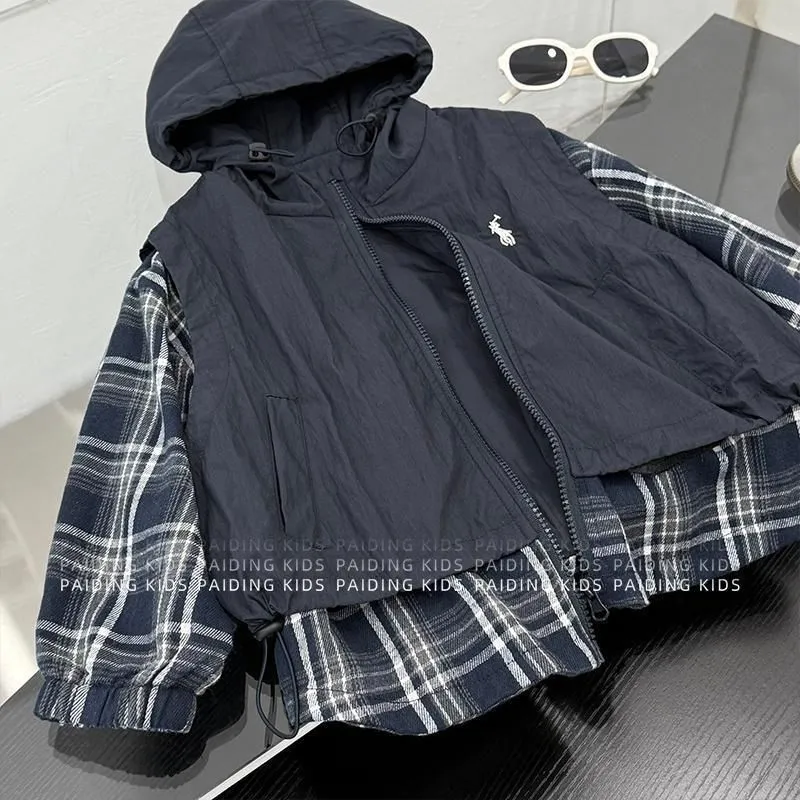 【90-160cm】デザイン性抜群 トレンド 切り替え キッズ 重ね着風 ジャケット