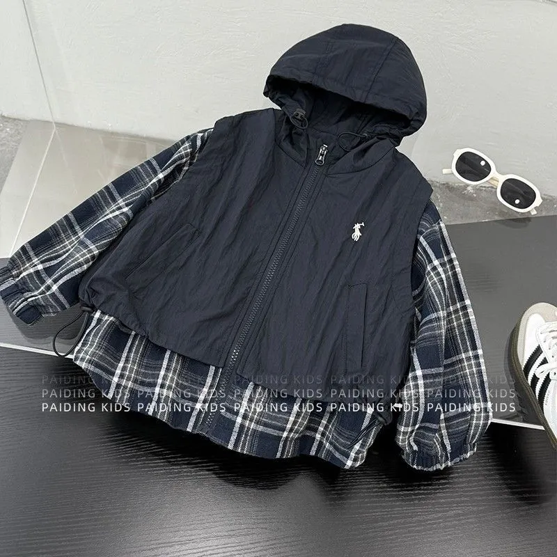 【90-160cm】デザイン性抜群 トレンド 切り替え キッズ 重ね着風 ジャケット