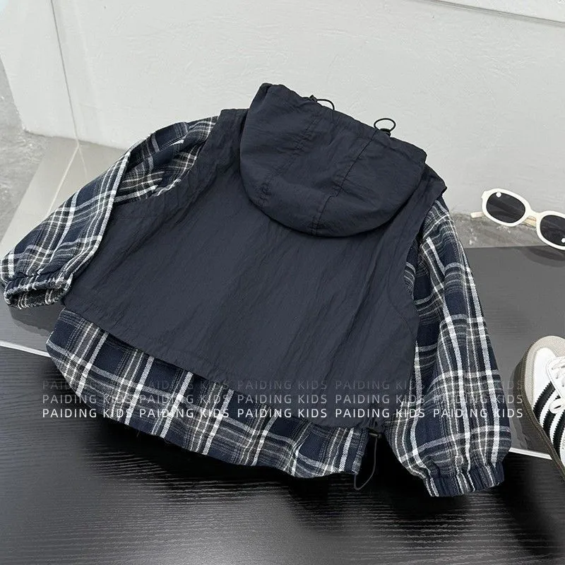 【90-160cm】デザイン性抜群 トレンド 切り替え キッズ 重ね着風 ジャケット