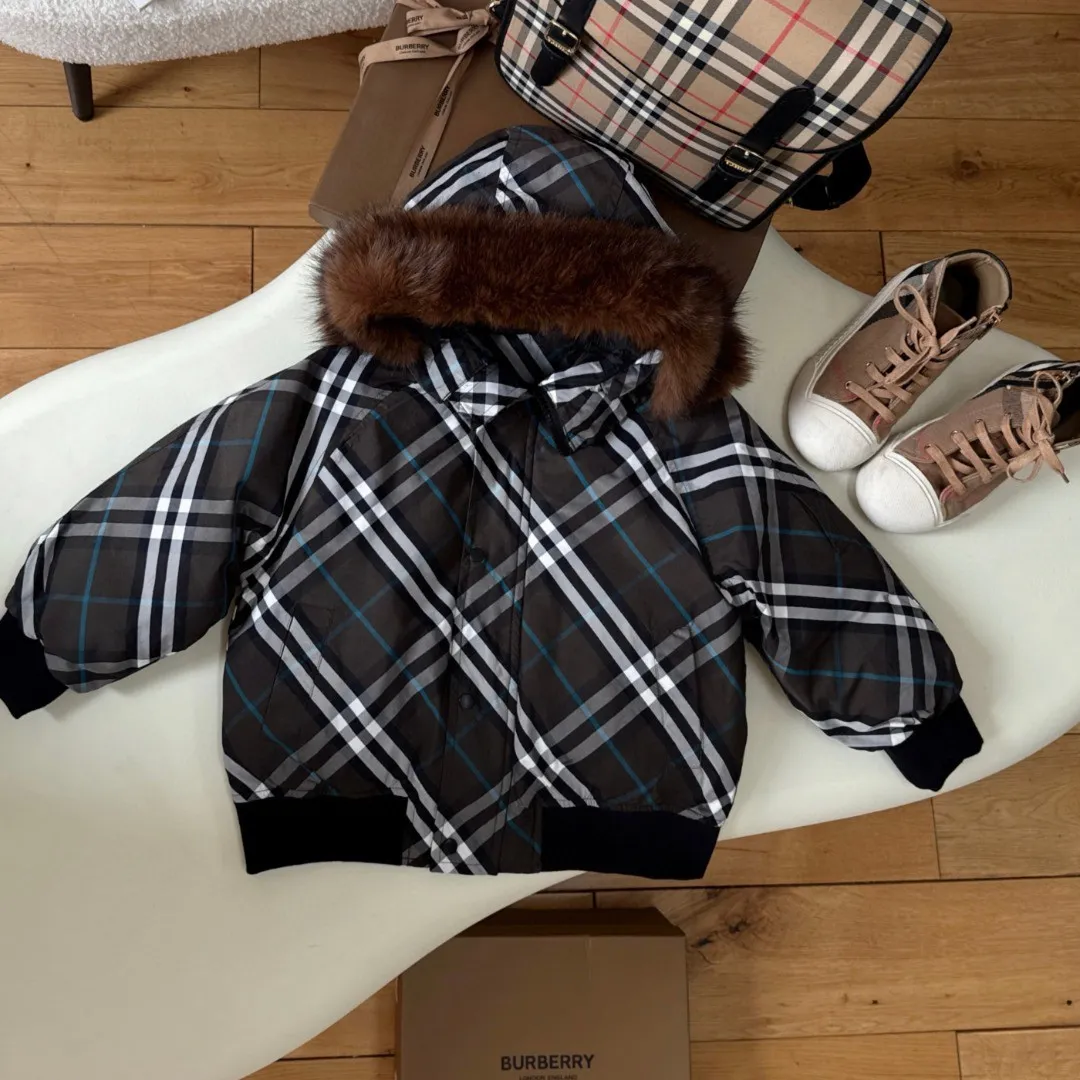 【110-150cm】冬のおしゃれアイテム 品質満点 チェック柄 フードファー付き ダウンジャケット