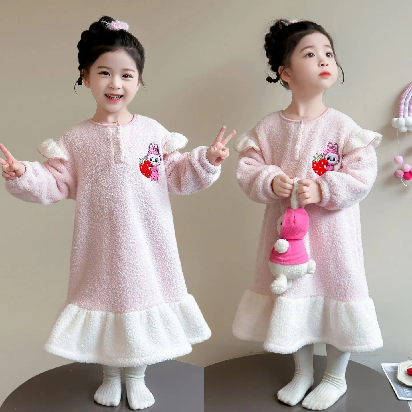 【90-140cm】大注目 可愛い 女の子 厚め あったか ルームウェア ワンピース