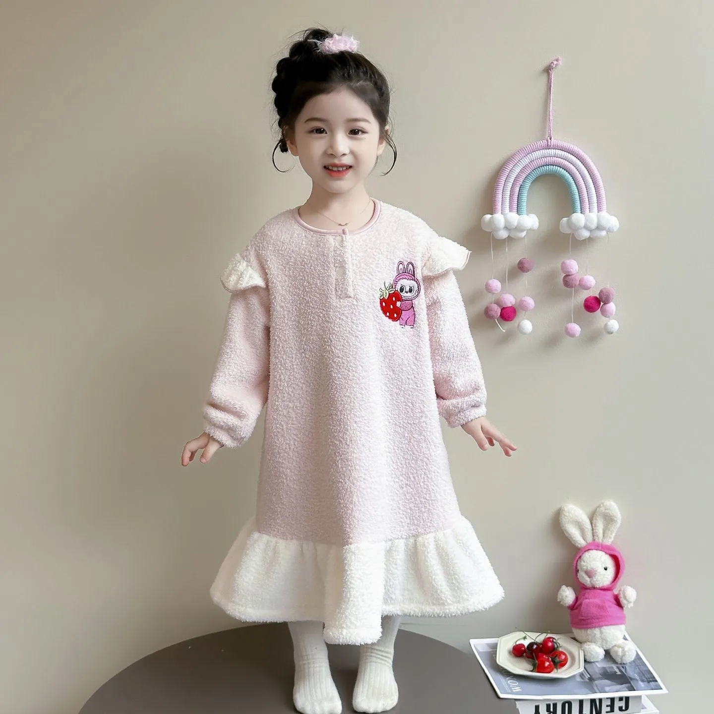 【90-140cm】大注目 可愛い 女の子 厚め あったか ルームウェア ワンピース