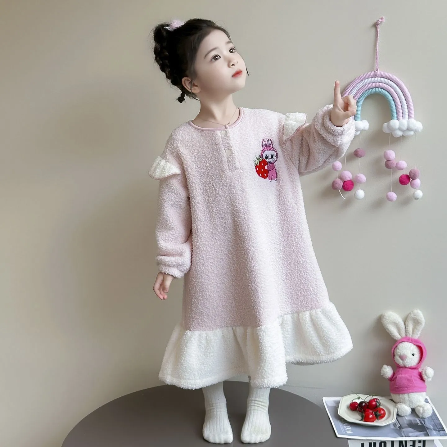 【90-140cm】大注目 可愛い 女の子 厚め あったか ルームウェア ワンピース