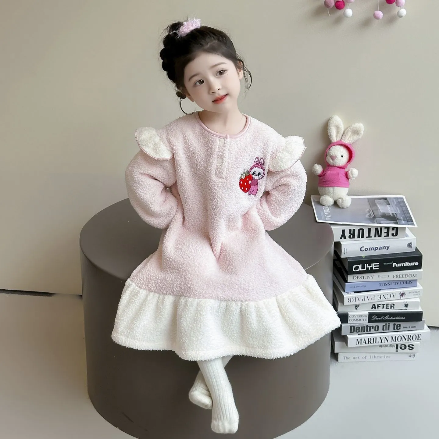 【90-140cm】大注目 可愛い 女の子 厚め あったか ルームウェア ワンピース