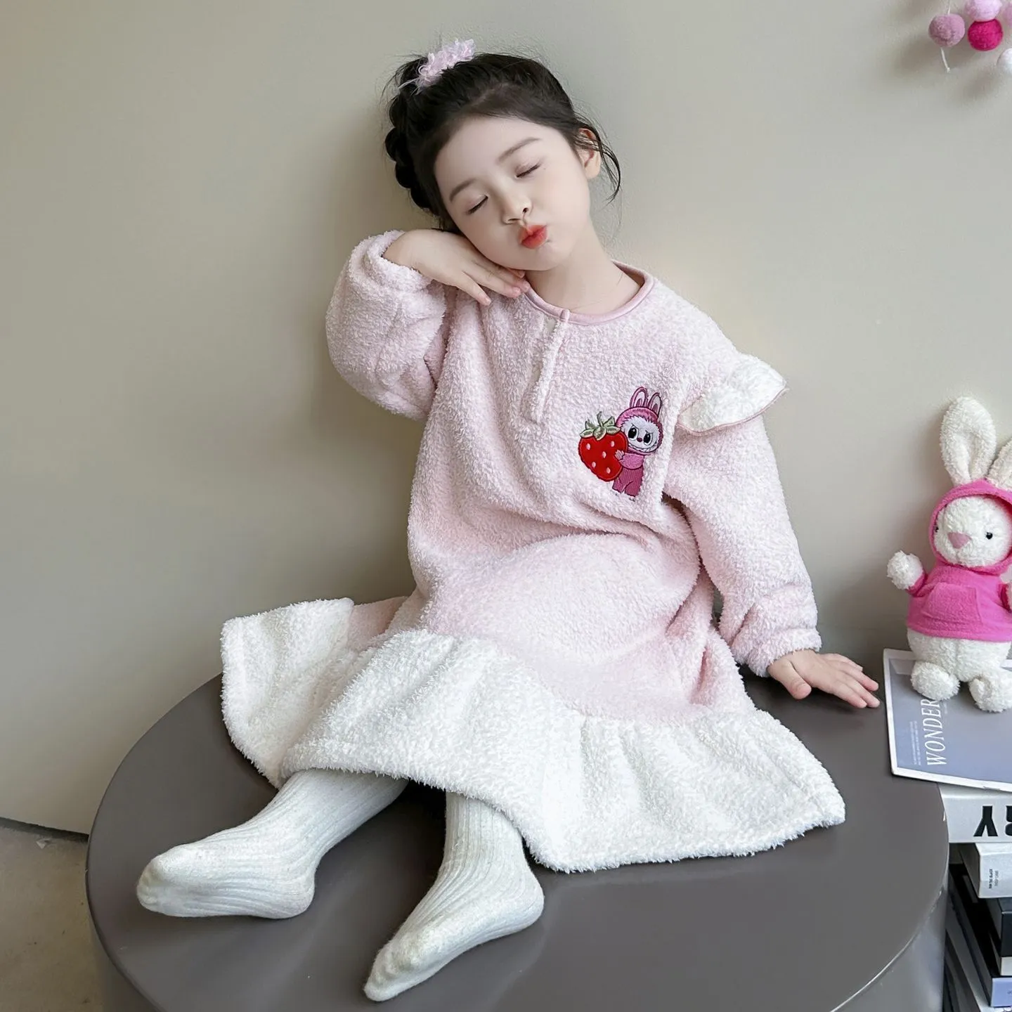 【90-140cm】大注目 可愛い 女の子 厚め あったか ルームウェア ワンピース