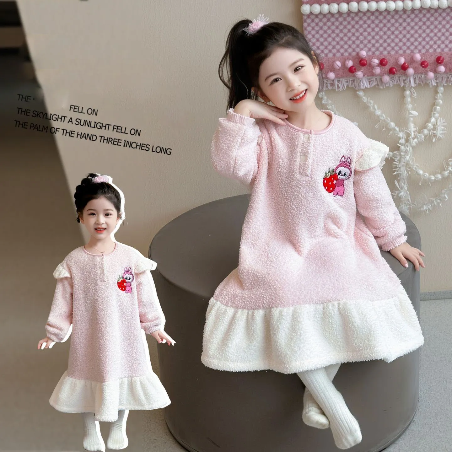 【90-140cm】大注目 可愛い 女の子 厚め あったか ルームウェア ワンピース