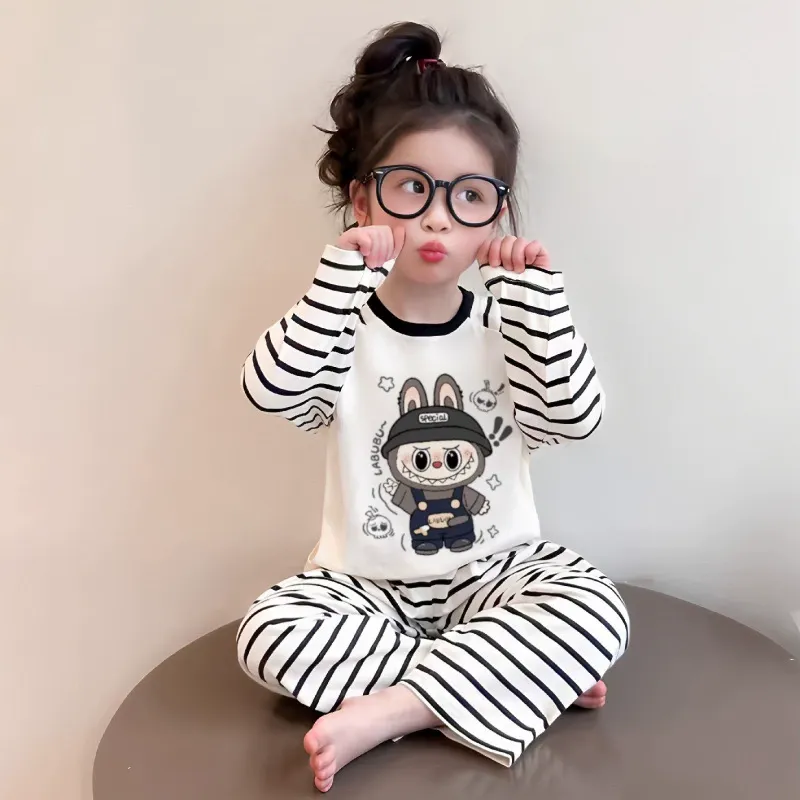 【90-160cm】通気性良い カートゥーン 可愛い ボーダー柄 ルームウェア セット