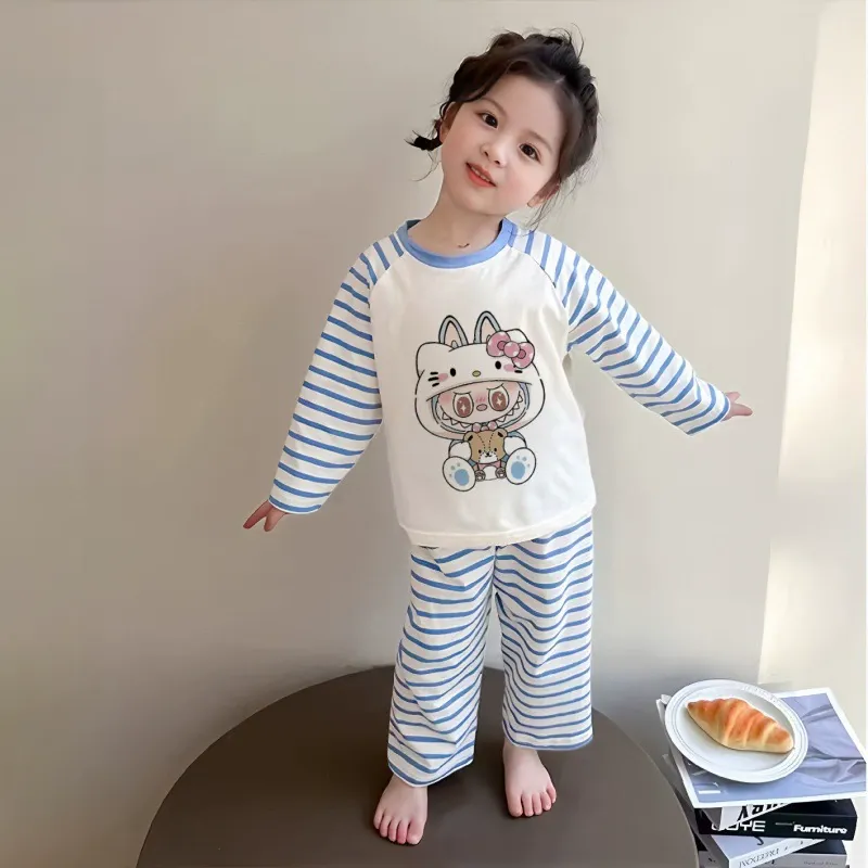 【90-160cm】通気性良い カートゥーン 可愛い ボーダー柄 ルームウェア セット
