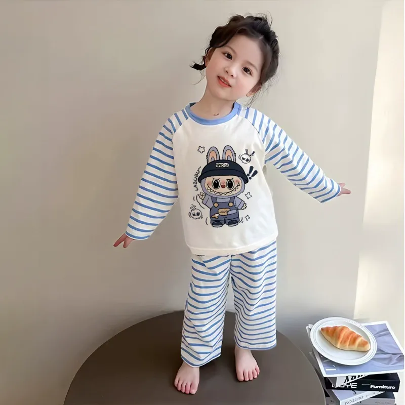 【90-160cm】通気性良い カートゥーン 可愛い ボーダー柄 ルームウェア セット