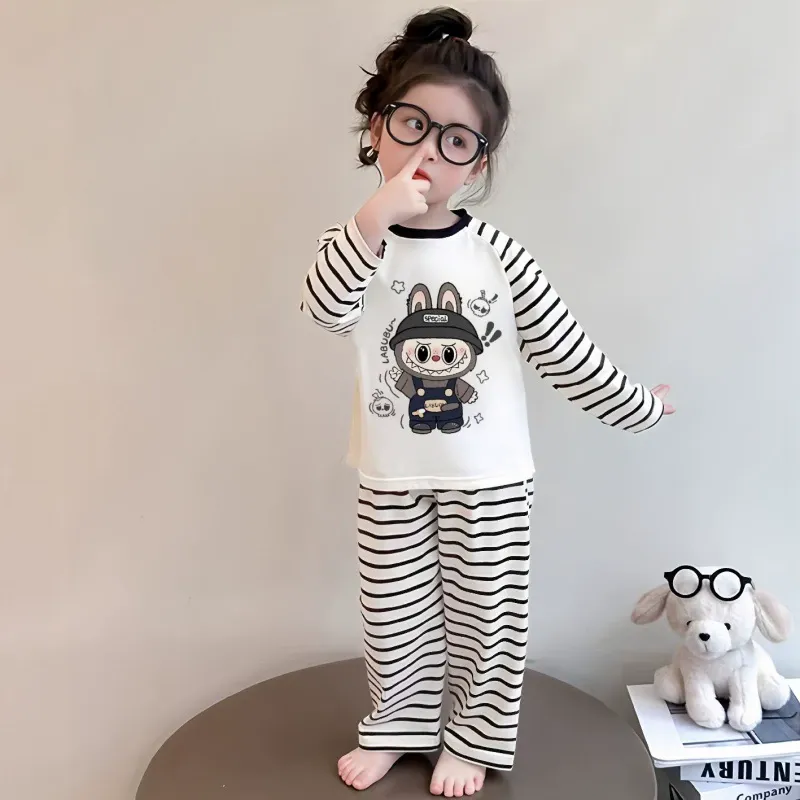 【90-160cm】通気性良い カートゥーン 可愛い ボーダー柄 ルームウェア セット