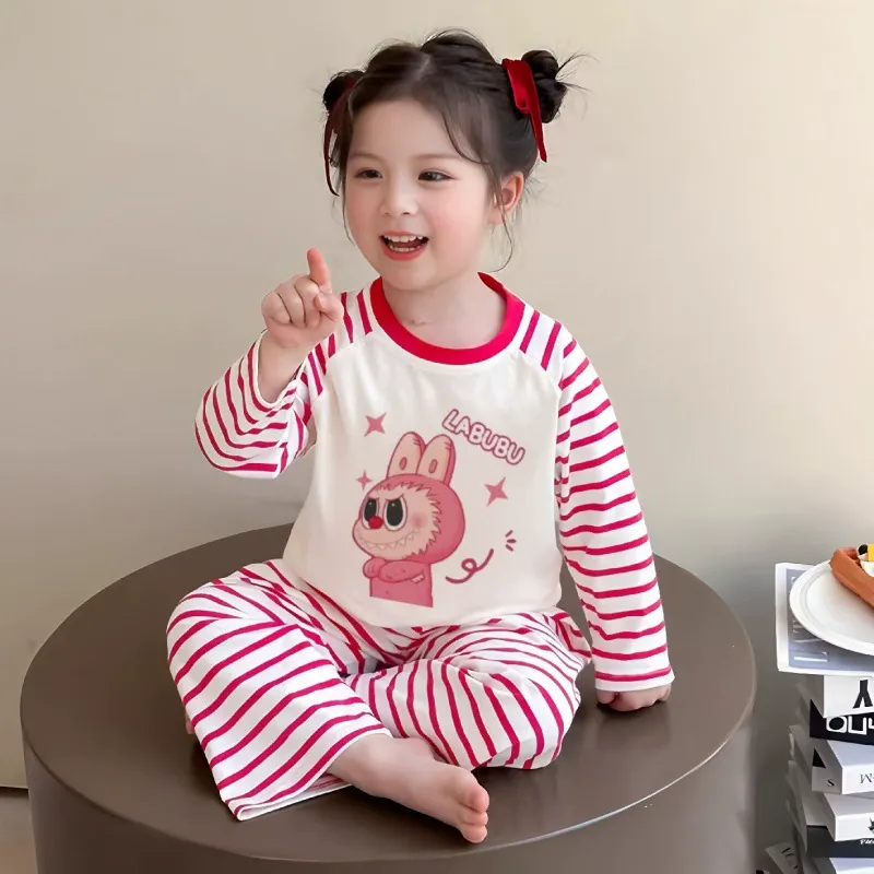 【90-160cm】通気性良い カートゥーン 可愛い ボーダー柄 ルームウェア セット