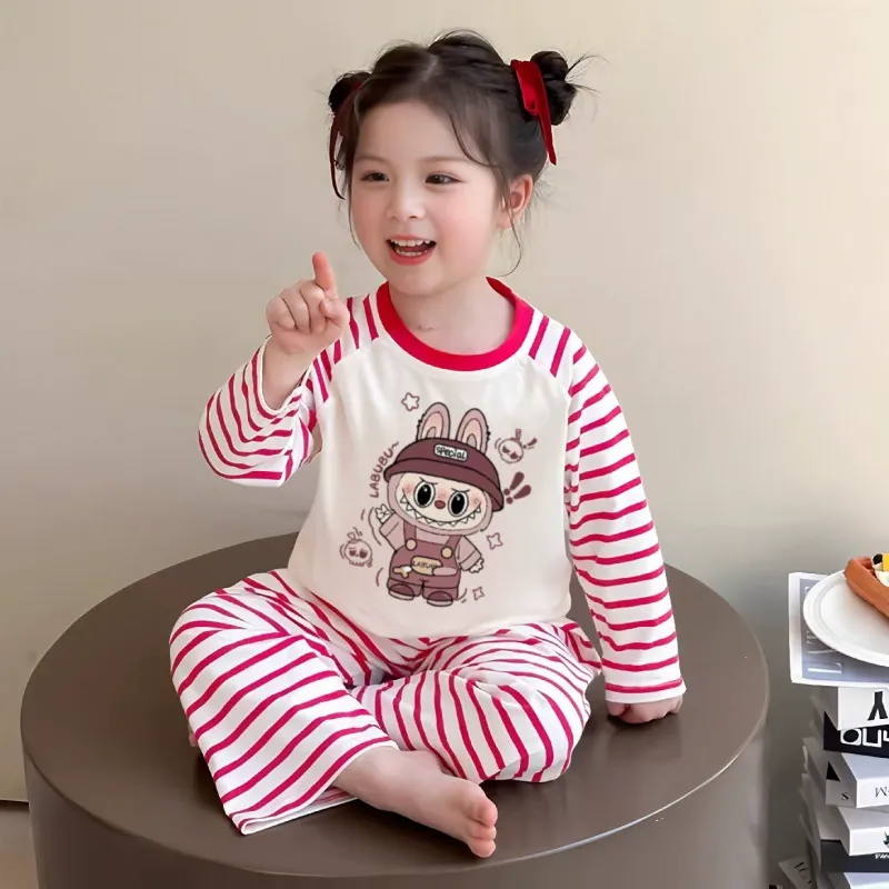 【90-160cm】通気性良い カートゥーン 可愛い ボーダー柄 ルームウェア セット