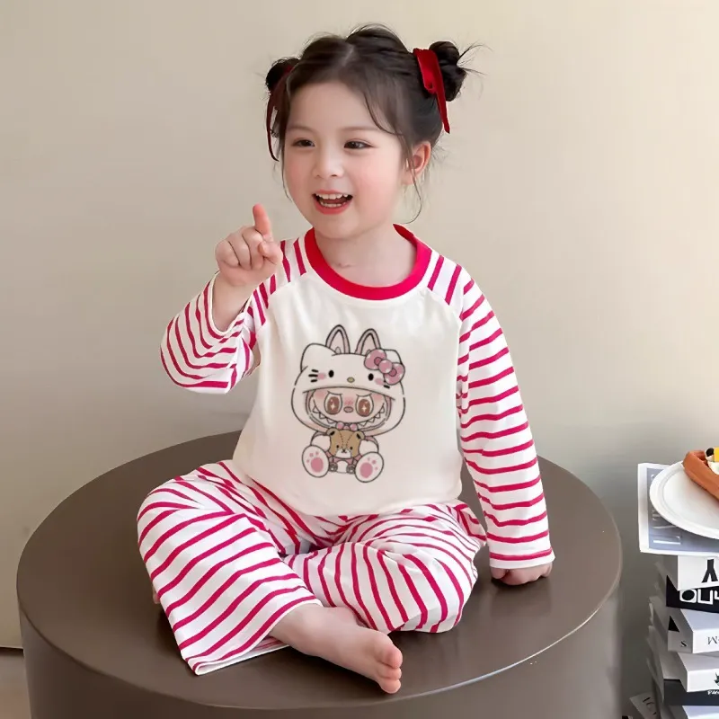 【90-160cm】通気性良い カートゥーン 可愛い ボーダー柄 ルームウェア セット