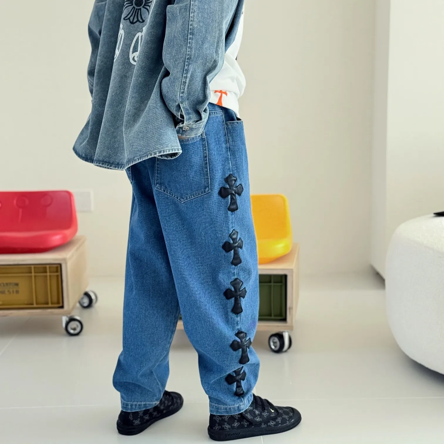 【110-160cm】季節感たっぷり モード感のある 上品ナチュラル 合わせやすい デニム素材 アウター ジーンズ