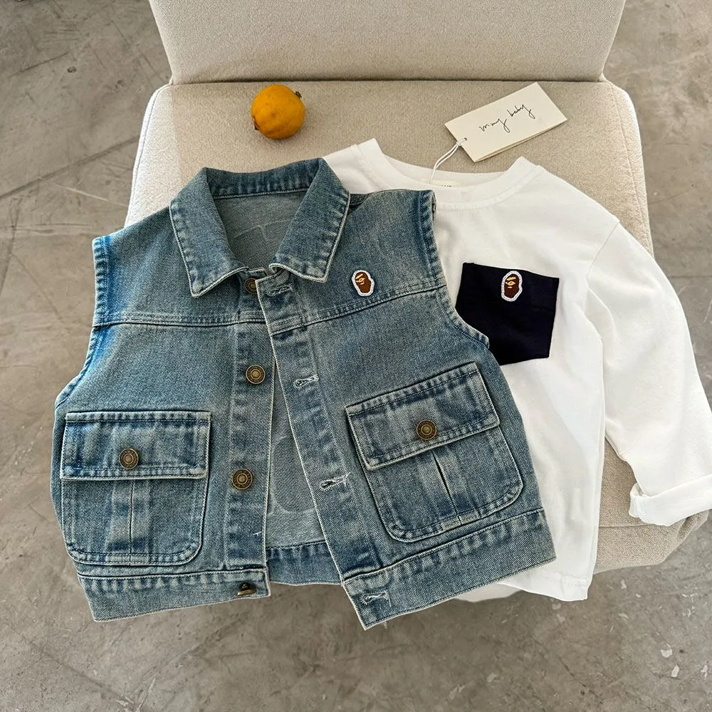 【90-150cm】シンプルで可愛い おしゃれキッズ トレンド感あり 合わせやすい デニム素材 ベスト