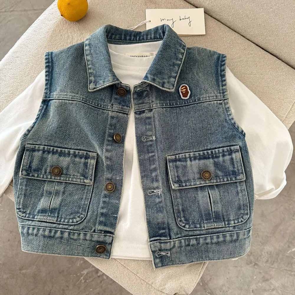 【90-150cm】シンプルで可愛い おしゃれキッズ トレンド感あり 合わせやすい デニム素材 ベスト