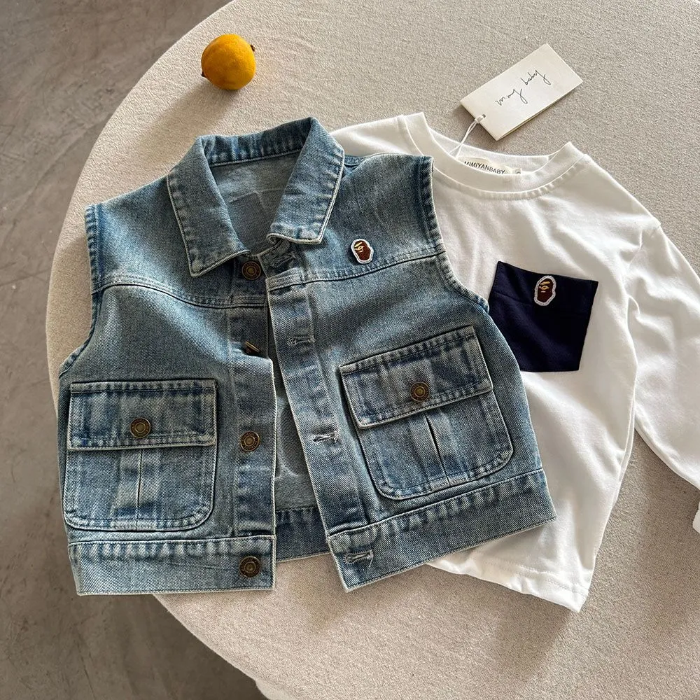 【90-150cm】シンプルで可愛い おしゃれキッズ トレンド感あり 合わせやすい デニム素材 ベスト