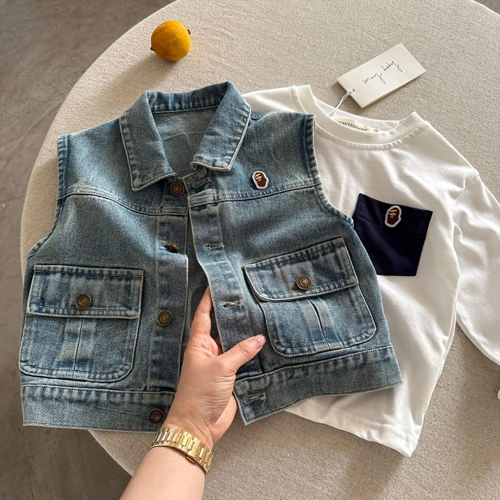 【90-150cm】シンプルで可愛い おしゃれキッズ トレンド感あり 合わせやすい デニム素材 ベスト